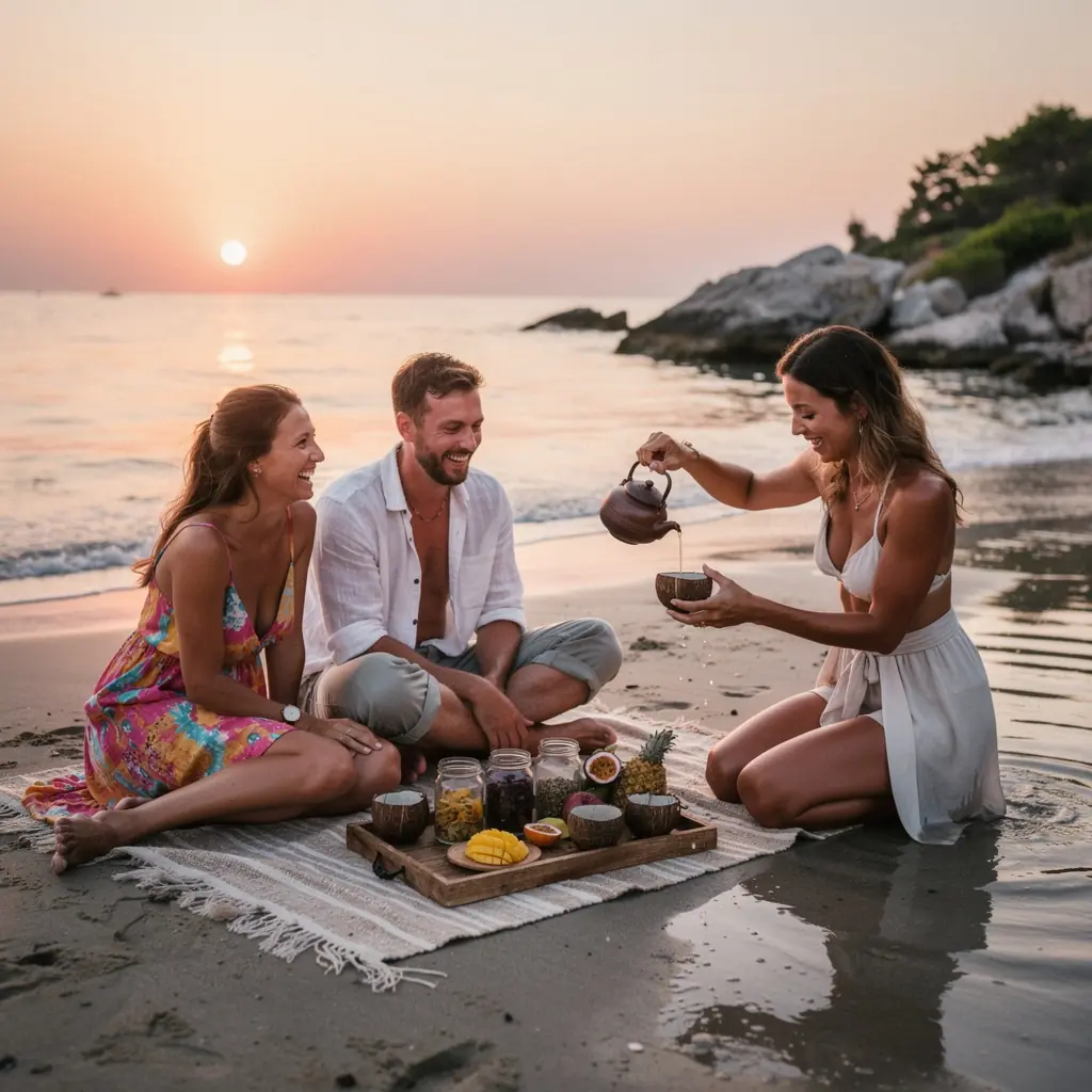 Različite vrste čajeva u staklenim posudama na sunčanoj terasi.